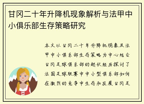 甘冈二十年升降机现象解析与法甲中小俱乐部生存策略研究