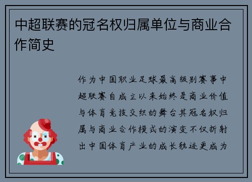 中超联赛的冠名权归属单位与商业合作简史