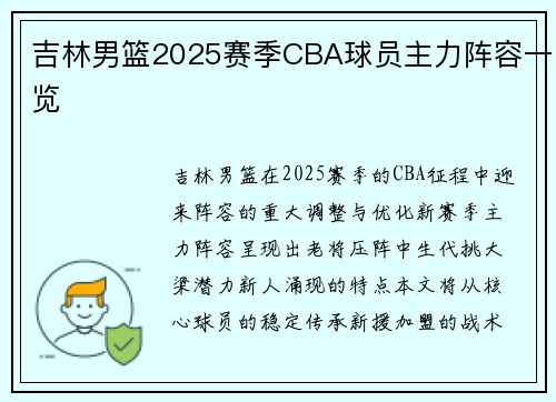 吉林男篮2025赛季CBA球员主力阵容一览